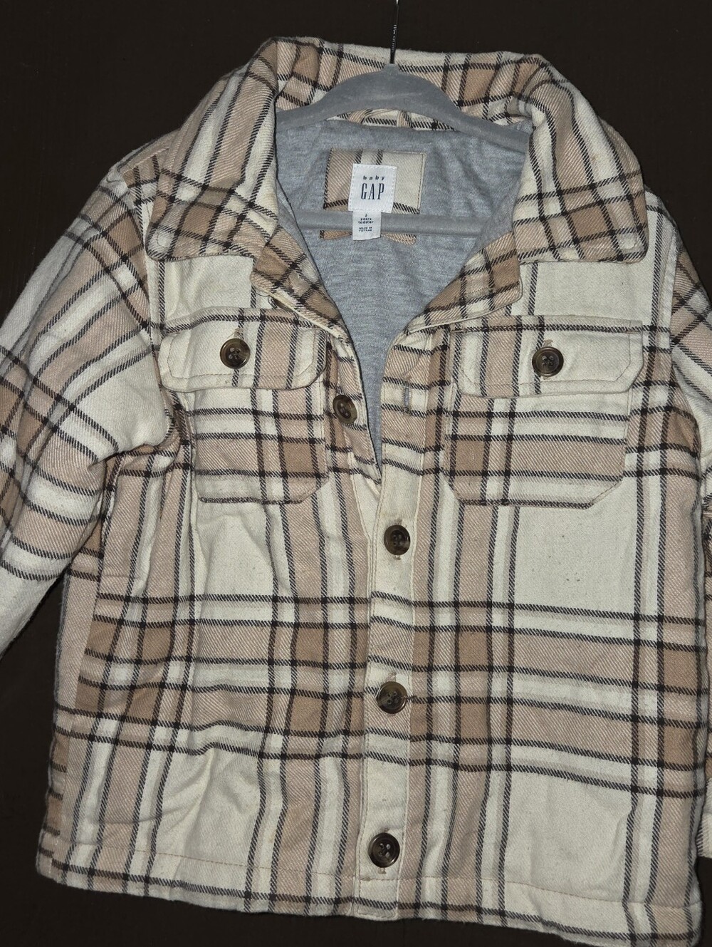 GAP Kids Cream and Tan Plaid Button-Up Shacket